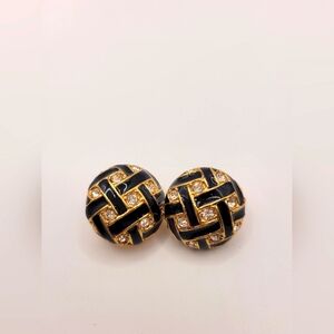 Roman Black Enamel Rhinestone Vintage Clip Earrings